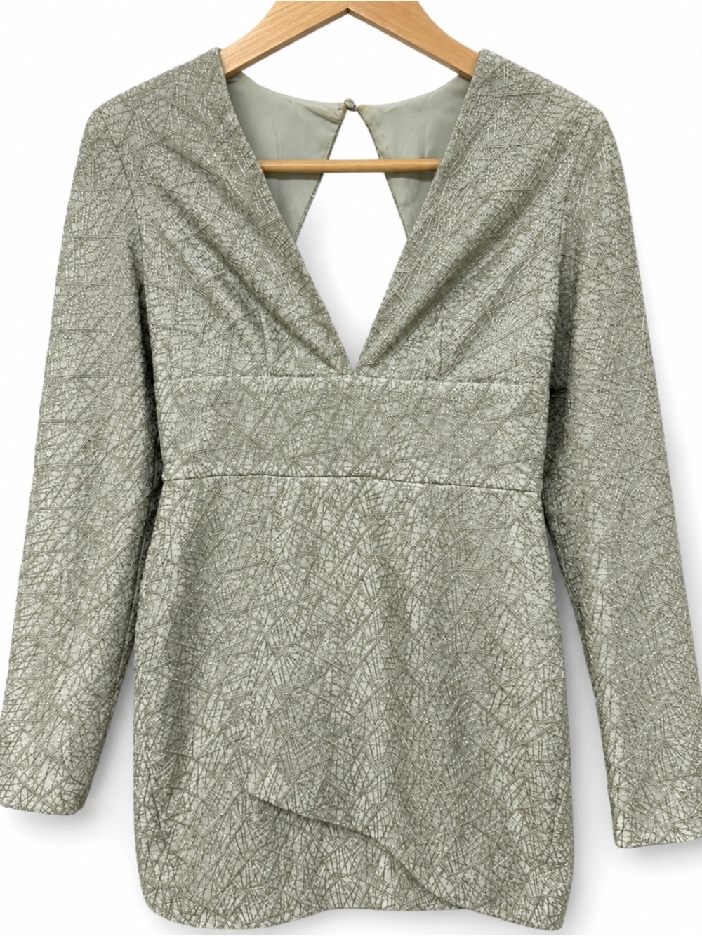 Misha Collection Metallic Sage Open Back Mini Dress Wedding Guest Size 4
